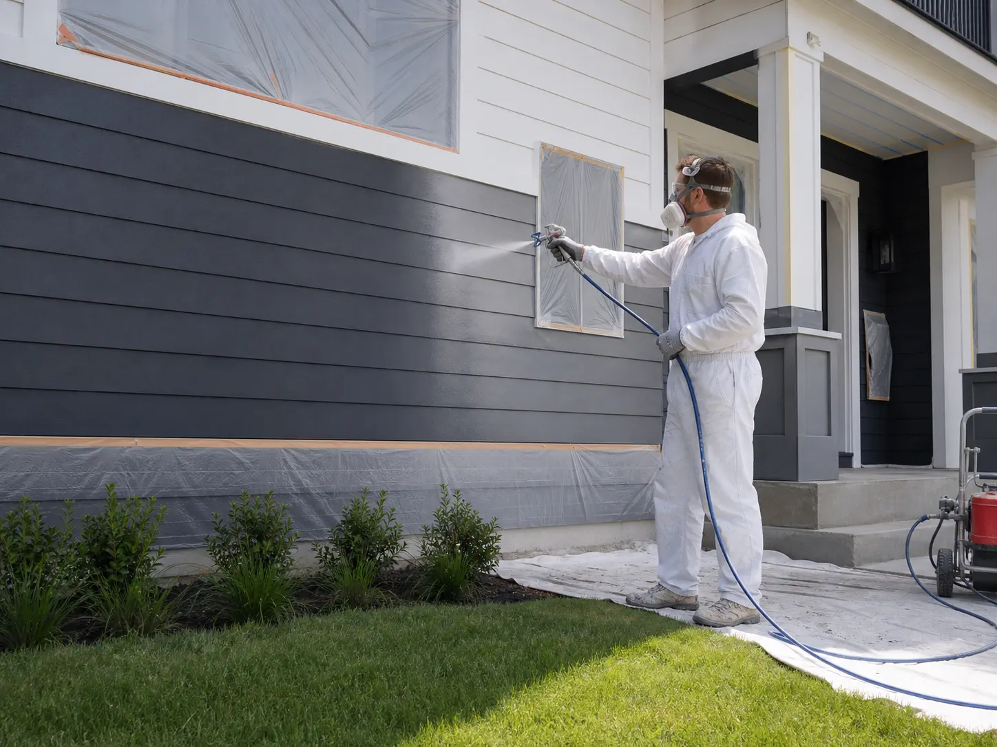Professional exterior painter spray-applying a smooth finish to prepared residential siding